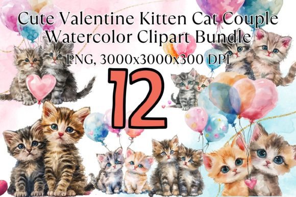 Cute Valentine Kitten Watercolor Clipart